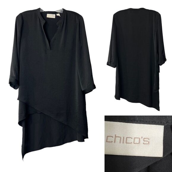 Chico’s blouse size 1; US S(8/10) black satin‎ 3/4 sleeve office business casual - Picture 1 of 6